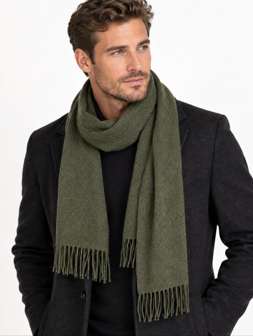 John Hanly Ireland 100% Cashmere Men's Fringe Scarf Olive Green